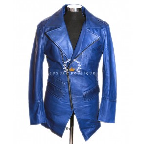 Christopher Navy Blue Men's Smart Casual Cross Zip Double Breasted Real Washed Lambskin Leather Fashion Jacket