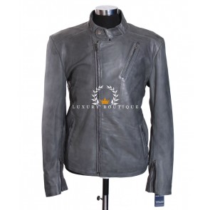 'IRON MEN' Grey Men's Cross Zip Biker Style Real Soft Lambskin Leather Film Movie Fashion Jacket