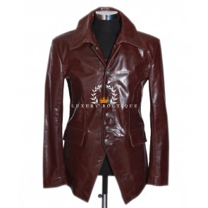 Lucifer Brown Men's Smart Casual Vintage Steampunk Fashion Gothic Style Real Cowhide Glazed Leather Blazer Shirt Jacket