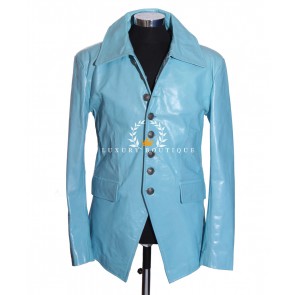 Lucifer Light Sky Blue Men's Smart Casual Vintage Steampunk Fashion Gothic Style Real Cowhide Glazed Leather Blazer Shirt Jacket