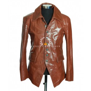Lucifer Tan Men's Smart Casual Vintage Steampunk Fashion Gothic Style Real Cowhide Glazed Leather Blazer Shirt Jacket