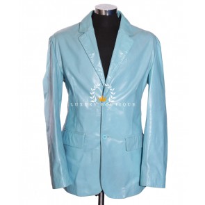 Milano Baby Blue Men's Smart Casual Formal Real Cowhide Glazed Leather Two Button Blazer Fashion Jacket