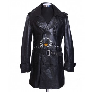 U.S ARMY BLACK (TC9241R) Men's Military Style Double Breasted Real Soft Lambskin Leather Overcoat Trench Coat