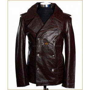 German Naval Brown Men's New Military WW2 Real Cowhide Leather Jacket Pea Coat