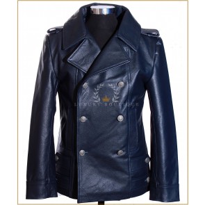 German Naval Blue Men's Military Style WW2 Double Breasted Real Cowhide Leather Winter Jacket Pea Coat