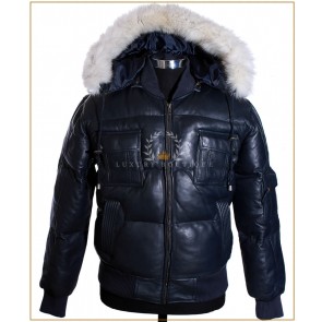 Pilot 6 Lockheed Puffer Blue Men's New Detachable Fur Hooded Real Soft Lambskin Leather Winter Bomber Jacket