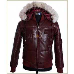Pilot 6 Lockheed Puffer Maroon Red Men's New Detachable Fur Hooded Real Soft Lambskin Leather Winter Bomber Jacket