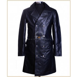 German Major Navy Blue Men's Smart Military Style WW2 Real Vintage Cowhide Leather Winter Knee Length Coat
