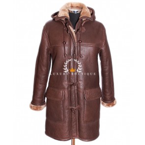 Ladies Camel Brown Detachable Hood Real Shearling Sheepskin Wool Knee-Length Winter Leather Hooded Coat
