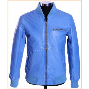 Dallas Sky Blue Men's Classic Bomber Baseball Style Real Italian Lambskin Leather Winter Fashion Jacket