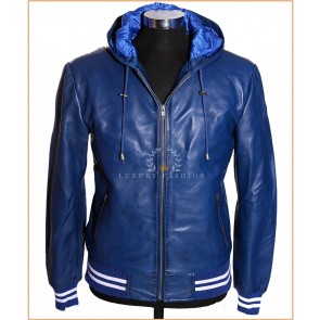 Boston Navy Blue / White Stripes Men's Baseball Style Hooded Bomber Real Italian Lambskin Leather Winter Fashion Jacket