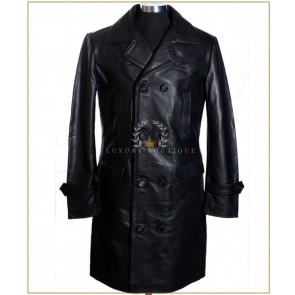 U-BOAT Black Men's Knee Length WW2 German Kriesgmarine Military Cowhide Leather Long Winter Coat