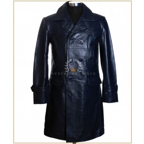 U-BOAT Dark Blue Men's Knee Length WW2 German Kriesgmarine Military Style Real Cowhide Leather Long Winter Coat