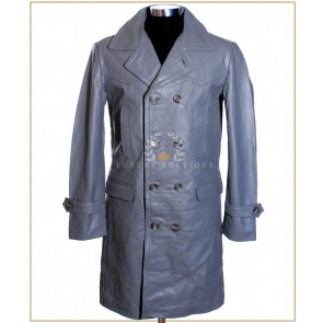 U-BOAT Grey Men's Knee Length WW2 German Kriesgmarine Military Style Real Cowhide Leather Long Winter Coat