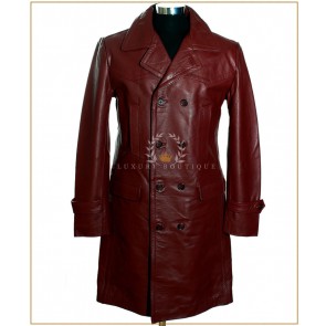 U-BOAT Maroon Red Men's Knee Length WW2 German Kriesgmarine Military Style Real Cowhide Leather Long Winter Coat