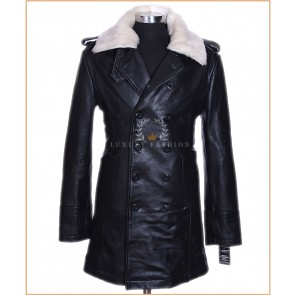German Lieutenant Black Men's Military Style New Detachable White Fur Collar WW2 Real Cowhide Leather Long Coat Overcoat