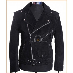 Brando Black Men's Classic Biker Style Cruiser Double Breasted Cross Zip With Belt Real Cowhide Suede Leather Motorcycle Fashion Jacket