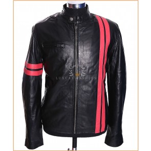 Driver Black / Red Stripes Men's Biker Style Retro Real Italian Lambskin Leather Movie Film Fashion Jacket