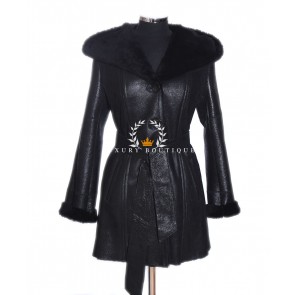Alice Black Ladies Real Shearling Sheepskin Hooded Leather Trench Coat