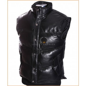 Everest Puffer Black Men's Down-Fill Real Italian Lambskin Leather Military Style Bomber Winter Waistcoat