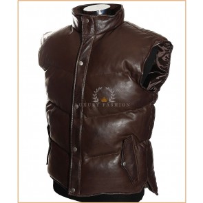 Everest Puffer Brown Men's Down-Fill Real Italian Lambskin Leather Military Style Bomber Winter Waistcoat