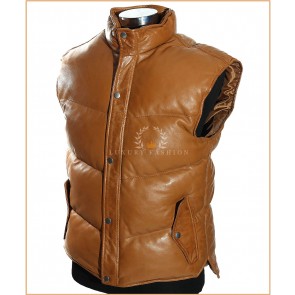 Everest Puffer Tan Men's Down-Fill Real Italian Lambskin Leather Military Style Bomber Winter Waistcoat