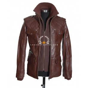 Nicolas Brown Men's Military Safari Style Detachable Inner Zip Fleece Real Quilted Lambskin Leather Winter Fashion Jacket