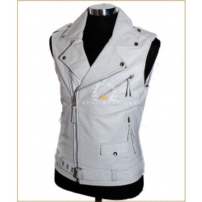 Men's Brando White Biker Style Motorcycle Cruiser Real Soft Lambskin Leather Fashion Waistcoat