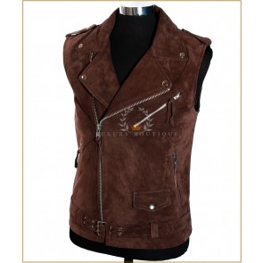 Men's Brando Brown Suede Biker Style Motorcycle Cruiser Real Cowhide Leather Fashion Waistcoat