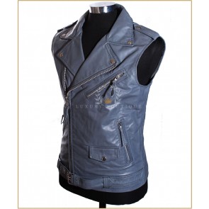 Men's Brando Grey Biker Style Motorcycle Cruiser Real Soft Lambskin Leather Fashion Waistcoat