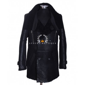 German Officer Black Men's Smart Casual Double Breasted Real Merino Shearling Sheepskin Wool Military Leather Coat
