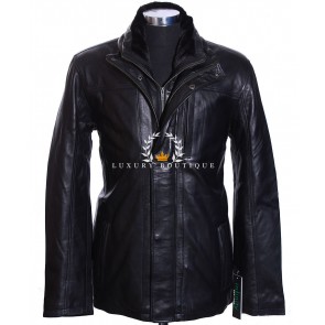 Washington Black Men's Classic Military Style Borg Collar Designer Real Italian Lambskin Leather Double Collared Winter Coat