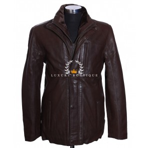 Washington Brown Men's Classic Military Style Borg Collar Designer Real Italian Lambskin Leather Double Collared Winter Coat
