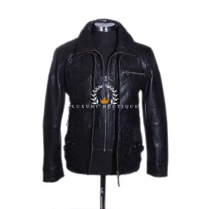 Henry Black Men's Safari Style Double Collar Classic Smart Vintage Real Soft Lambskin Leather Fashion Jacket