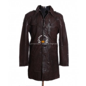 Victor Brown Men's Military Style Smart Real Vintage Lambskin Leather Classic Long Blazer Mac Coat