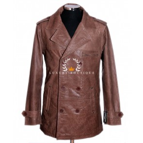 Harrison Vintage Khaki Brown Men's Casual Double Breasted Smart Rusty Old Look Real Cowhide Leather Coat