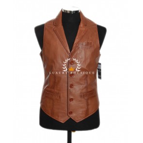 Charles Tan Men's Smart Formal Real Soft Lambskin Leather Collared Waistcoat