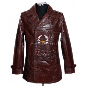 Harrison Brown Men's Smart Double Breasted Casual Real Vintage Cowhide Glazed Leather Coat