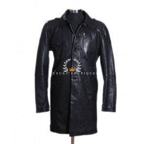 Victor Black Men's Military Style Smart Real Vintage Lambskin Leather Classic Long Blazer Mac Coat