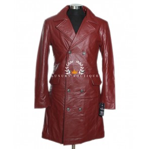 German General Major Maroon / Red Men's Smart Military Style WW2 Real Vintage Cowhide Leather Winter Long Coat