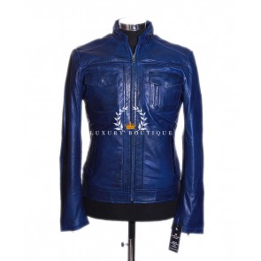 Lee Blue Men's New Biker Style Retro Vintage Real Washed Lambskin Leather Fashion Jacket