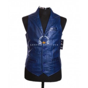 Charles Blue Men's Smart Formal Real Soft Washed Lambskin Leather Collared Waistcoat