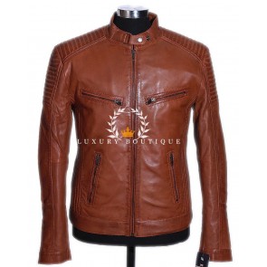 Scorpio Tan Men's Biker Style Retro Real Italian Vintage Ribbed Shoulders Lambskin Leather Fashion Jacket